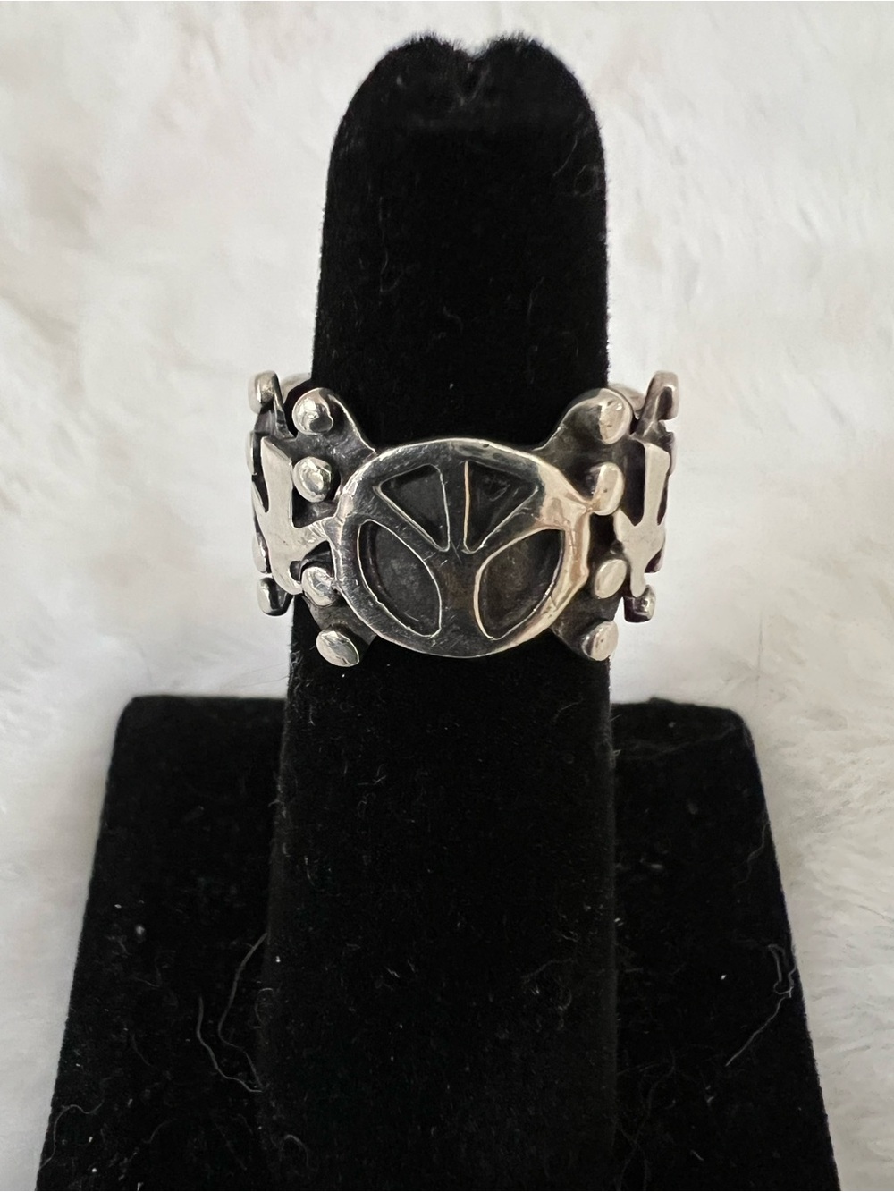 Vintage Taxco Sterling Silver Peace Sign Band Ring - Silver